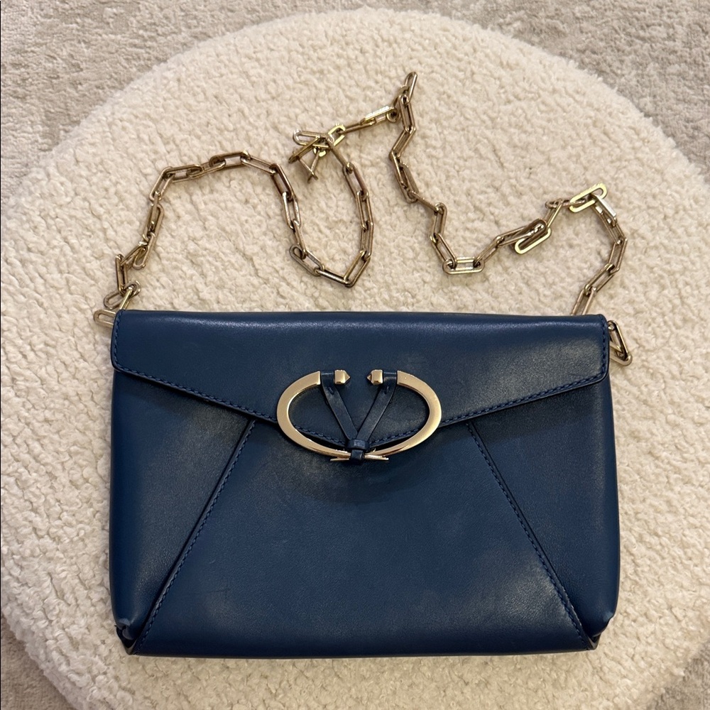 Valentino Garavani Navy Blue Clutch with Gold Chain